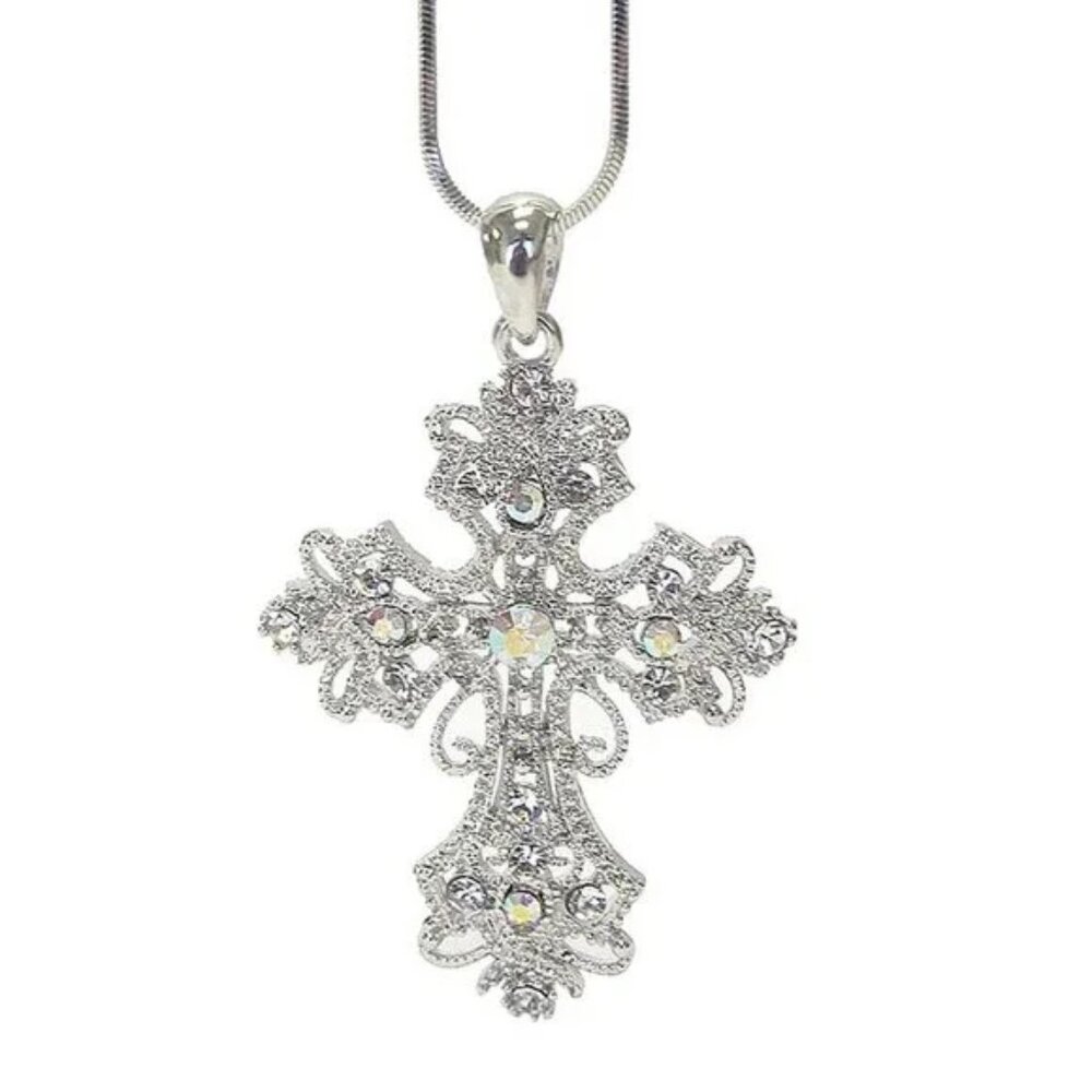 Stunning Vintage Silver Aurora Borealis Clear Crystal Pendant Necklace.